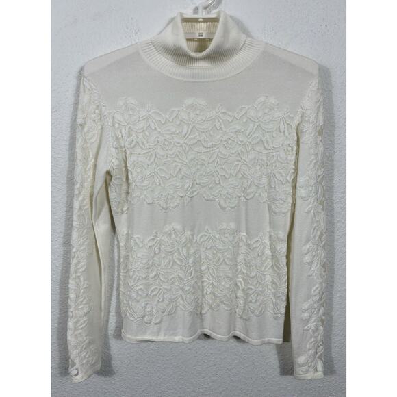 LaSeine Turtleneck Top Size Medium Ivory Knit Viscose Blend Floral Lace Accents - Picture 1 of 9